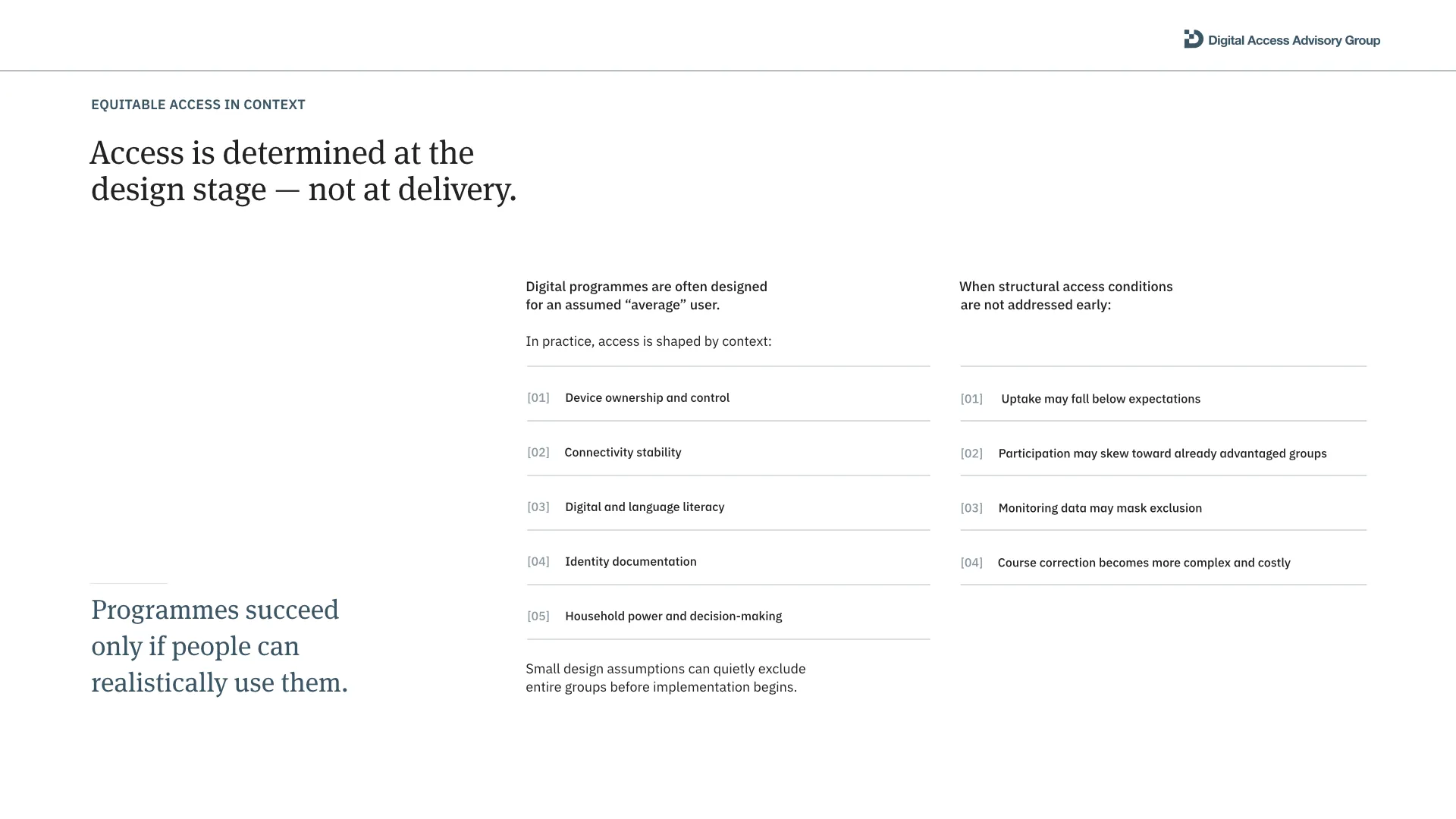 A clean white corporate presentation slide titled 'Access is determined at the design stage — not at delivery' showcasing an elegant, asymmetrical layout with horizontally ruled numbered lists and a prominent sidebar takeaway statement.