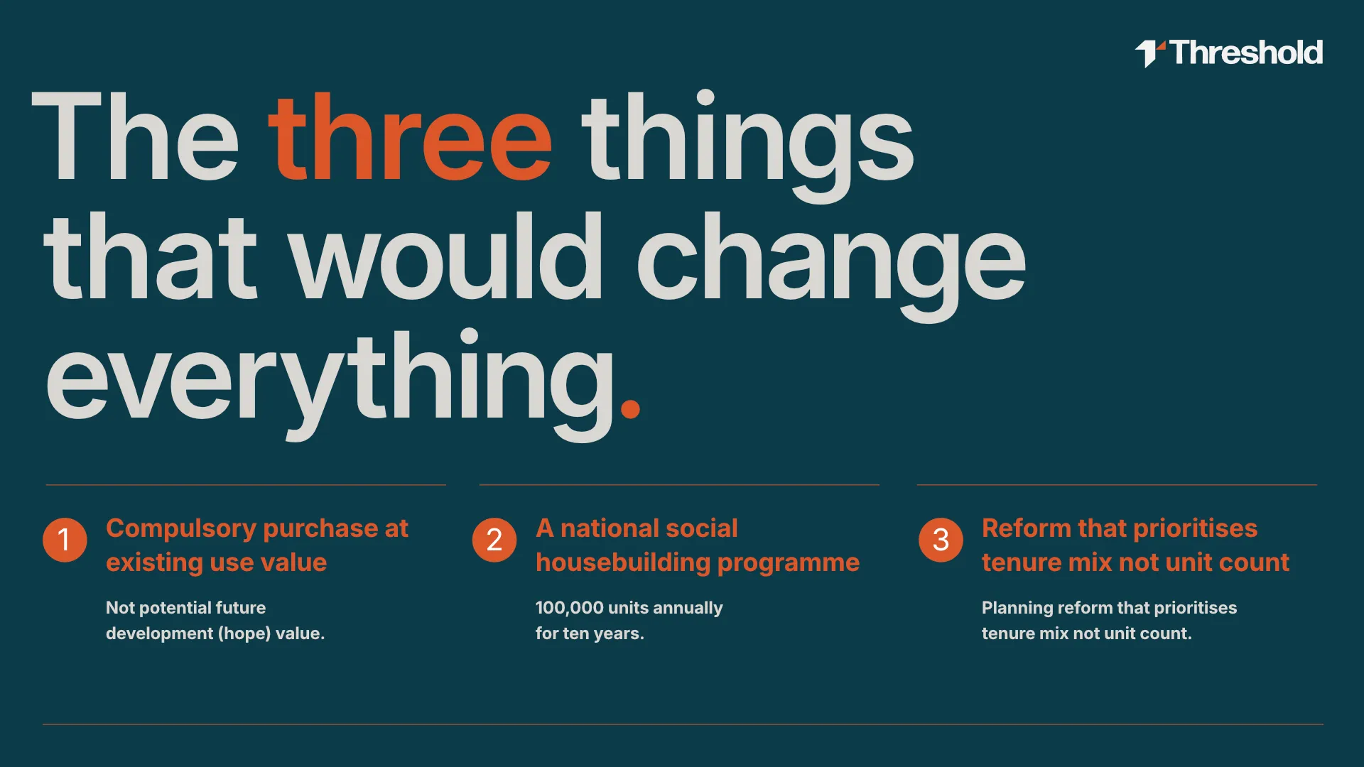 A high-impact dark teal presentation slide titled 'The three things that would change everything' featuring a clean three-column layout outlining key strategic policy recommendations and actionable solutions.